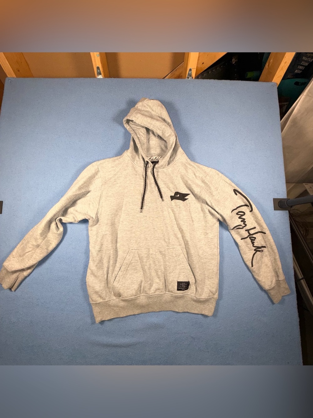 Tony Hawk Light Gray Pullover Hoodie with Black Script Sleeve